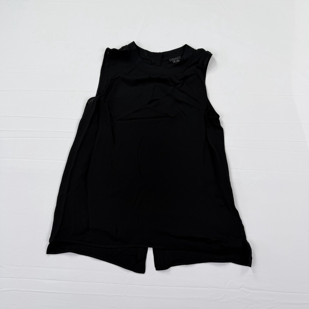 Theory Kilmora Black Sleeveless Blouse Top Size L Button Back Draped Tunic